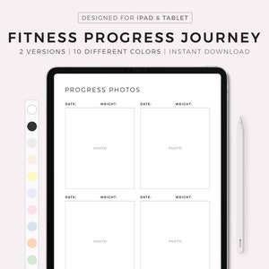 Könnte beinhalten: Eine digitale Planervorlage zum Verfolgen von Fitnessfortschritten. Die Vorlage hat einen weißen Hintergrund mit schwarzem Text und enthält Abschnitte für Daten, Gewichte und Fotos. Der Text "PROGRESS PHOTOS" befindet sich oben auf der Vorlage. Die Vorlage ist für die Verwendung auf einem iPad oder Tablet konzipiert.