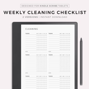 May include: A black and white printable cleaning checklist designed for Kindle Scribe tablets. The checklist features two versions, with a section for tasks and a grid for each day of the week. The text "CLEANING" is at the top of the checklist.