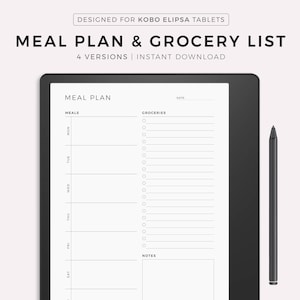 Planificador de comidas semanal con lista de la compra, plan de menú de 7 días, planificador de comidas, salud y bienestar, compatible con Kobo Elipsa 2e/1, descarga instantánea