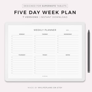 Peut inclure: Un planificateur hebdomadaire noir et blanc pour tablette, avec une disposition de semaine de cinq jours. Le planificateur comporte des sections pour lundi, mardi, mercredi, jeudi, vendredi et notes. Le planificateur est conçu pour les tablettes Supernote.
