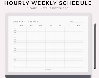 Hourly Weekly Schedule for Remarkable Paper Pure, Landscape, Sunday & Monday Start, Instant Download