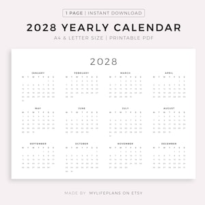 2028 Year Calendar Printable Landscape, Minimalist Calendar, Yearly Wall Calendar, Desk Calendar, Sunday & Monday Start, A4/Letter