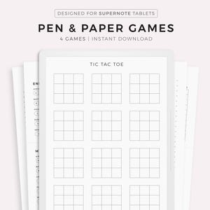 Op de afbeelding: Een digitale tablet waarop een afdrukbaar tic-tac-toe-spel wordt weergegeven dat is ontworpen voor Supernote-tablets. De tekst "PEN & PAPER GAMES" en "4 GAMES | INSTANT DOWNLOAD" wordt boven het speelbord weergegeven. De tekst "TIC TAC TOE" wordt boven het speelbord weergegeven.