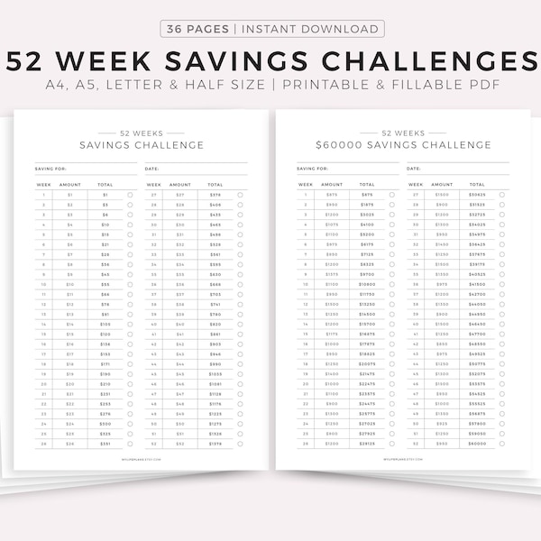 52 Week Saving Challenges Printable & Fillable PDF, Savings Trackers, Money Challenge, Finance Planner, A4/A5/Letter/Half, Instant Download