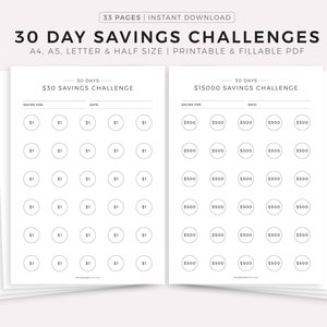30 Tage Geldspar-Challenges druckbares & ausfüllbares PDF, Spar-Tracker, Haushaltsplaner, A4/A5/Letter/Half, Sofort-Download