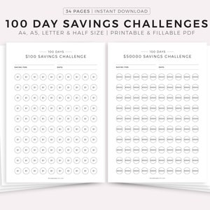 100 Day Money Saving Challenges Printable &amp; Fillable PDF, Savings ...