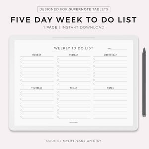 May include: A printable five-day weekly to-do list template designed for Supernote tablets. The template is divided into five columns for each day of the week: Monday, Tuesday, Wednesday, Thursday, and Friday. Each column has a section for notes. The template is white with black text.