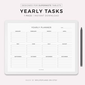 May include: A black and white printable yearly planner for Supernote tablets. The planner is divided into 12 months with checkboxes for each month. The text "YEARLY PLANNER" is at the top of the planner.