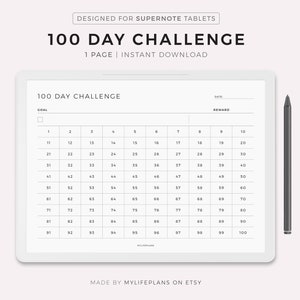 Könnte beinhalten: Ein druckbarer 100-Tage-Challenge-Tracker mit einem leeren Feld für ein Ziel und eine Belohnung. Der Tracker ist in 10 Spalten unterteilt, die jeweils 10 Tage repräsentieren. Die Zahlen von 1 bis 100 sind im Raster aufgelistet.