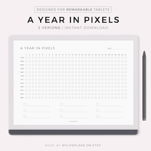 May include: A black and white printable calendar for a year in pixels. The calendar is designed for use with a Remarkable tablet. The calendar has a grid of circles for each day of the year, with a space for writing the year at the top.