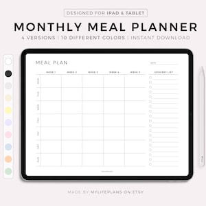 Planificador de comidas mensual digital horizontal, planificador de menús de 30 días, planificador de preparación de comidas, planificador de comidas, compatible con Goodnotes y Notability