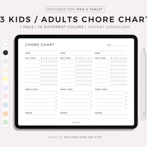 May include: A black and white printable chore chart for 3 kids or adults. The chart includes sections for daily and weekly tasks, a space for a reward, and a date field. The chart is designed for use on an iPad or tablet.