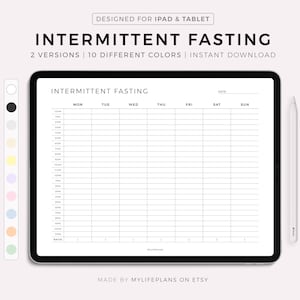 May include: A black and white printable intermittent fasting tracker for iPad and tablet. The tracker includes a daily schedule from 7 AM to 10 PM with columns for each day of the week. The tracker also includes a section for notes and a ratio.