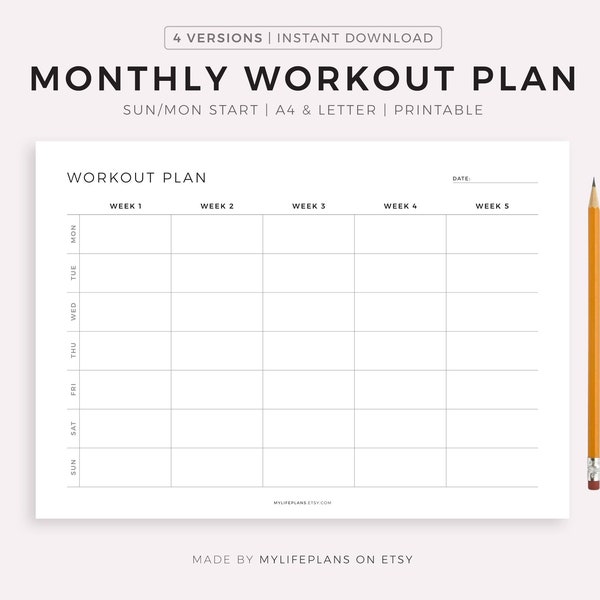 Monthly Workout Planner Printable Landscape, 30 Days Fitness Planner, Exercise Planner, Workout Journal, A4/Letter, Instant Download PDF