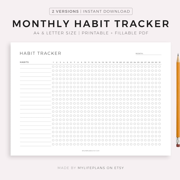 Monthly Habit Tracker Printable Landscape, Habit Tracker Template, Routine Tracker, 30 Day Habit Challenge, A4/Letter, Instant Download