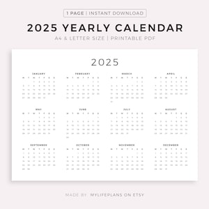 Calendario imprimible del año 2025 en formato horizontal, calendario minimalista, calendario anual de pared, calendario de escritorio, inicio en domingo y lunes, tamaño A4/carta