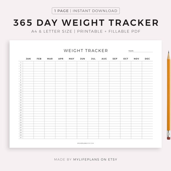 365 Day Weight Tracker Printable Landscape, Daily Weight Journal, Weight Loss Tracker, Weight Log, A4/A5/Letter/Half Size