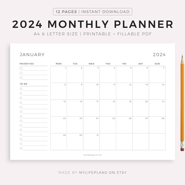 2024 Monthly Planner on One Page Landscape, Monthly Organizer, Monthly Agenda, Month At a Glance, Printable & Fillable, A4/Letter