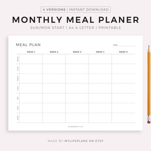Monthly Meal Planner Printable Landscape, 30 Day Menu Planner, Food Planner, Health & Fitness, A4/Letter/