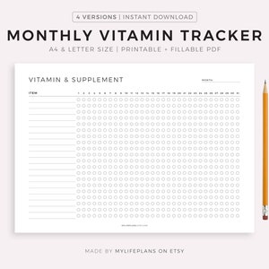 Monthly Vitamin Tracker Printable Landscape, Supplement Checklist,  Vitamin İntake Reminder, Fitness and Health Planner, A4/Letter