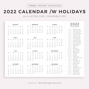 2022 Monthly Calendar With Holidays Printable Calendar Etsy