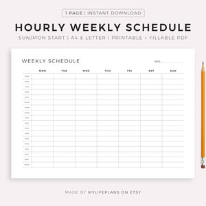 Hourly Weekly Schedule Landscape, Digital Weekly Planner, Week At a Glance, Weekly Agenda, Desk Planner, Weekly To Do List,