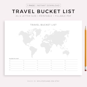 Travel Bucket List Querformat zum ausdrucken, Fernweh Liste, Reisen To Do Liste, Traumtrips, Wunschliste, A4/Letter, Sofort Download PDF