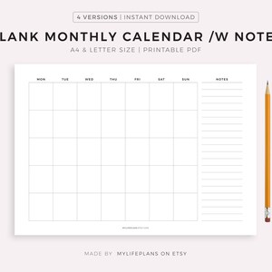 Blank Monthly Calendar with Notes Landscape Printable | Etsy