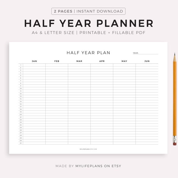 Half Year Planner Printable Landscape, Year on 2 Pages, Calendar Template PDF, Desk Planner, Wall Planner, A4/Letter, Instant Download