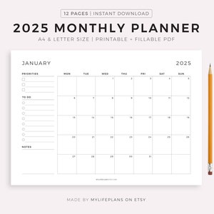 2025 Dated Monthly Planner Landscape, Monthly Organizer, Month At a Glance, Printable & Fillable, A4/Letter
