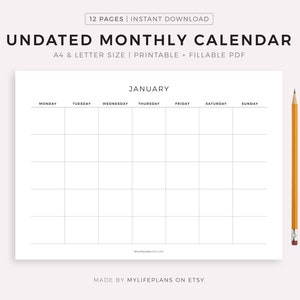 Undated Monthly Calendar Printable Landscape, Minimalist Calendar Template, Desk Calendar, Wall Calendar, Monday/Sunday Start, A4/Letter