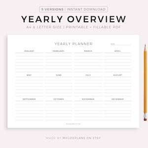 Yearly Overview Printable Landscape, Yearly Planner, Year At a Glance, Annual Planner, Minimalist Planner, A4/Letter, Instant Download PDF
