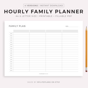 Planificador familiar por horas (horizontal, imprimible), planificador diario familiar, agenda familiar, organizador familiar, tamaño A4/carta, descarga instantánea en PDF.