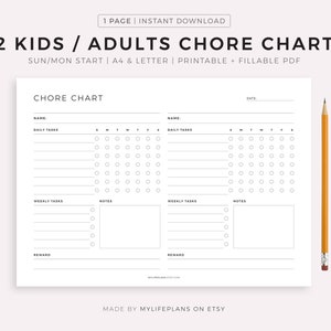 Chore Chart for 2 Kids / Adults Printable Template, Weekly Household Chores, House Responsibilities, A4/Letter, Instant Download