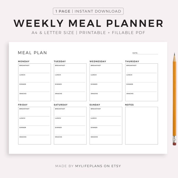 Printable Weekly Meal Planner Landscape, Food Diary, Meal Tracker, Food Journal, Meal Prep Planner, A4/A5/Letter/Half Size, Instant Download