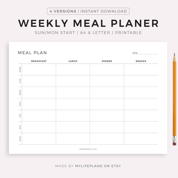 Weekly Meal Planning Printable Landscape, 7 Day Menu Planner, Meal Prep Planner, Food Planner, Health & Fitness, A4/A5/Letter/Half Size