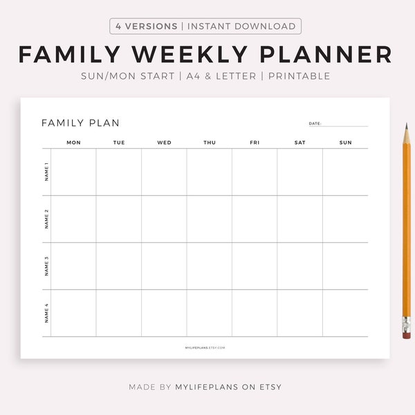 Family Weekly Planner Printable Landscape, Family Schedule, Family Organizer, Command Center, A4/Letter, Instant Download PDF