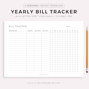Jährliche Rechnung Tracker druckbare Querformat, Rechnungs Zahlung Checkliste, Bill Organizer, Finanzierung Planer A4/Letter, sofort Download