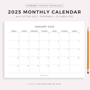 Calendario mensual horizontal 2025, plantilla imprimible, calendario minimalista, calendario anual, inicio lunes/domingo, tamaño A4/carta