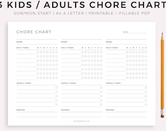 Chore Chart for 3 Kids / Adults Printable Template, Weekly Household Chores, House Responsibilities, A4/A5/Letter/Half, Instant Download