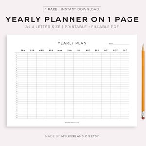 Planificador anual en 1 página horizontal, vista general del año, plantilla de calendario en formato PDF, tamaño A4/carta, imprimible y rellenable, descarga instantánea