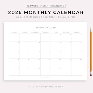 2026 Monthly Calendar Landscape, Printable Calendar Template, Minimalist Calendar, Year Calendar, Monday/Sunday Start, A4/Letter
