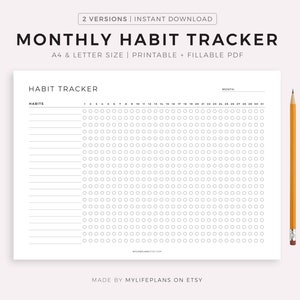 Seguimiento de hábitos mensuales imprimible en formato horizontal, plantilla de seguimiento de hábitos, seguimiento de rutinas, desafío de hábitos de 30 días, tamaño A4/carta, descarga instantánea