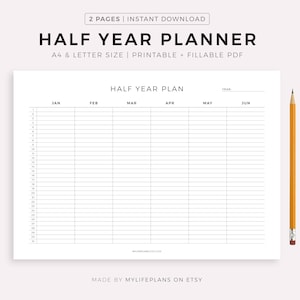 Planificador semestral imprimible horizontal, año en 2 páginas, plantilla de calendario PDF, planificador de escritorio, planificador de pared, tamaño A4/Carta, descarga instantánea