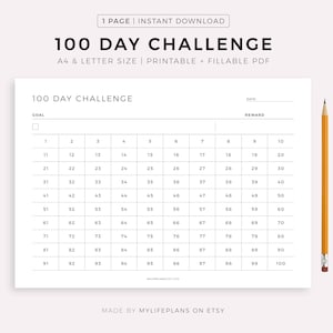 100 Day Challenge Printable Landscape, Goal Setting, Progress Tracker, Habit Forming, A4/Letter, Instant Download PDF