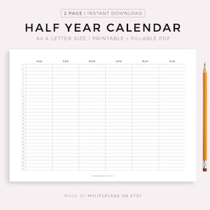 Calendario semestral imprimible, sin fecha, en 2 páginas, resumen del año, horizontal, tamaño A4/Carta, descarga instantánea.