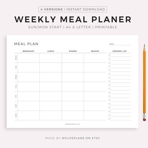 Planificador de comidas semanal imprimible horizontal, planificador de menú de 7 días, planificador de preparación de comidas, planificador de comidas, tamaño A4/A5/carta/medio