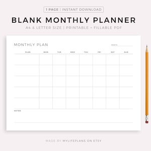 Planificador mensual imprimible sin fecha, formato horizontal, agenda mensual, organizador mensual, mes en una página, descarga instantánea, tamaño A4/carta