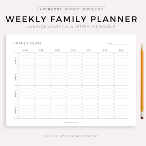 Planejador familiar semanal para impressão, paisagem, lista de tarefas da família, organizador familiar, centro de comando, A4/A5/carta/meio, download instantâneo