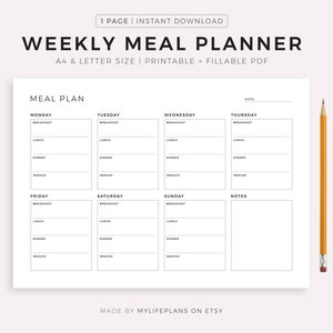 Planificador de comidas semanal imprimible horizontal, diario de comidas, registro de comidas, diario de comidas, planificador de preparación de comidas, tamaño A4/A5/carta/medio, descarga instantánea
